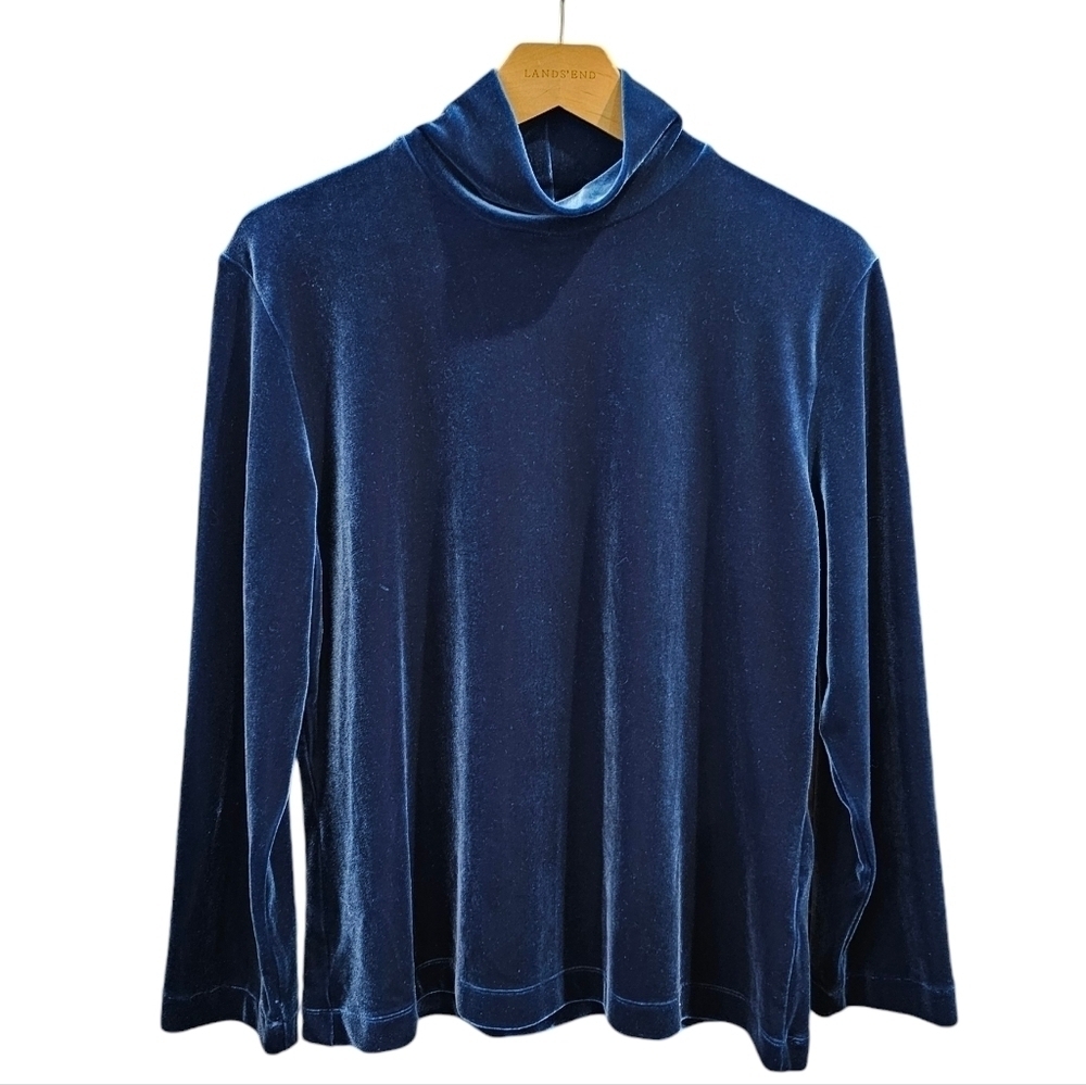 Vintage 90s Lands End Blue Velour Mock Neck Top